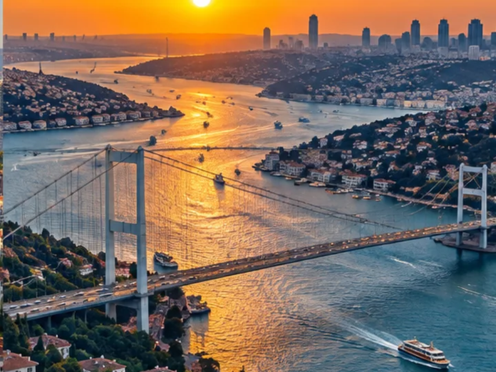 İstanbul Boğazı'nı temsil eden gün batımı panoraması